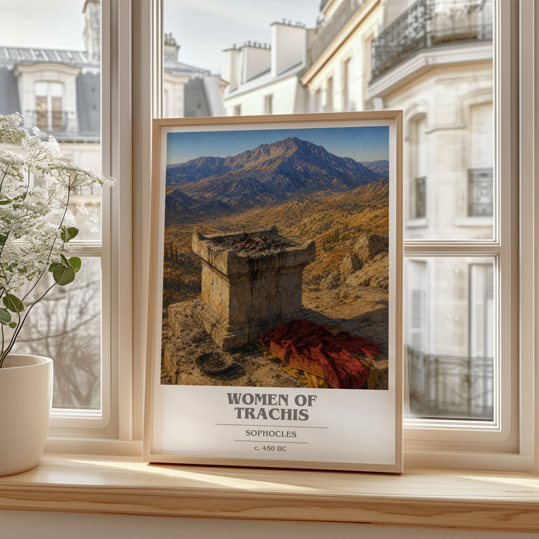 Women of Trachis book cover print in frame leaning in hallway – classic literature wall art