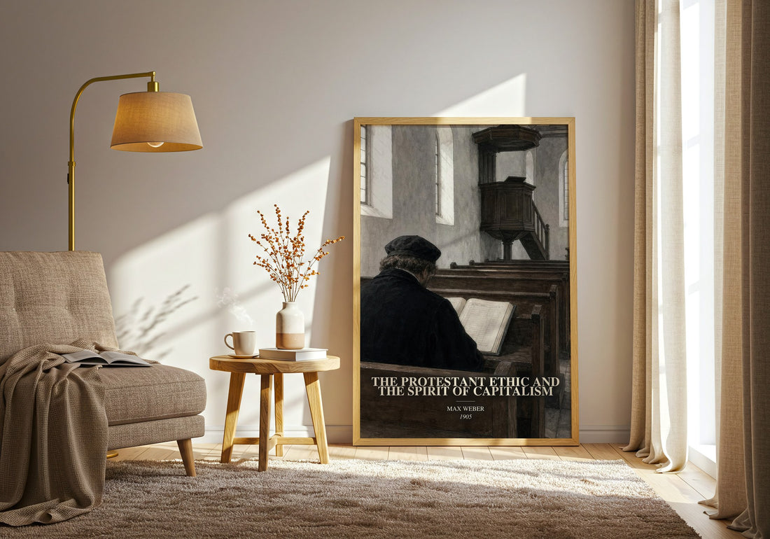 The Protestant Ethic and the Spirit of Capitalism watercolour print in frame leaning in hallway – non fiction wall art