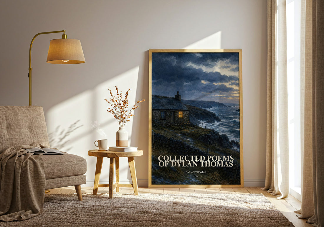 Collected Poems of Dylan Thomas watercolour print in frame leaning in hallway – poetry wall art