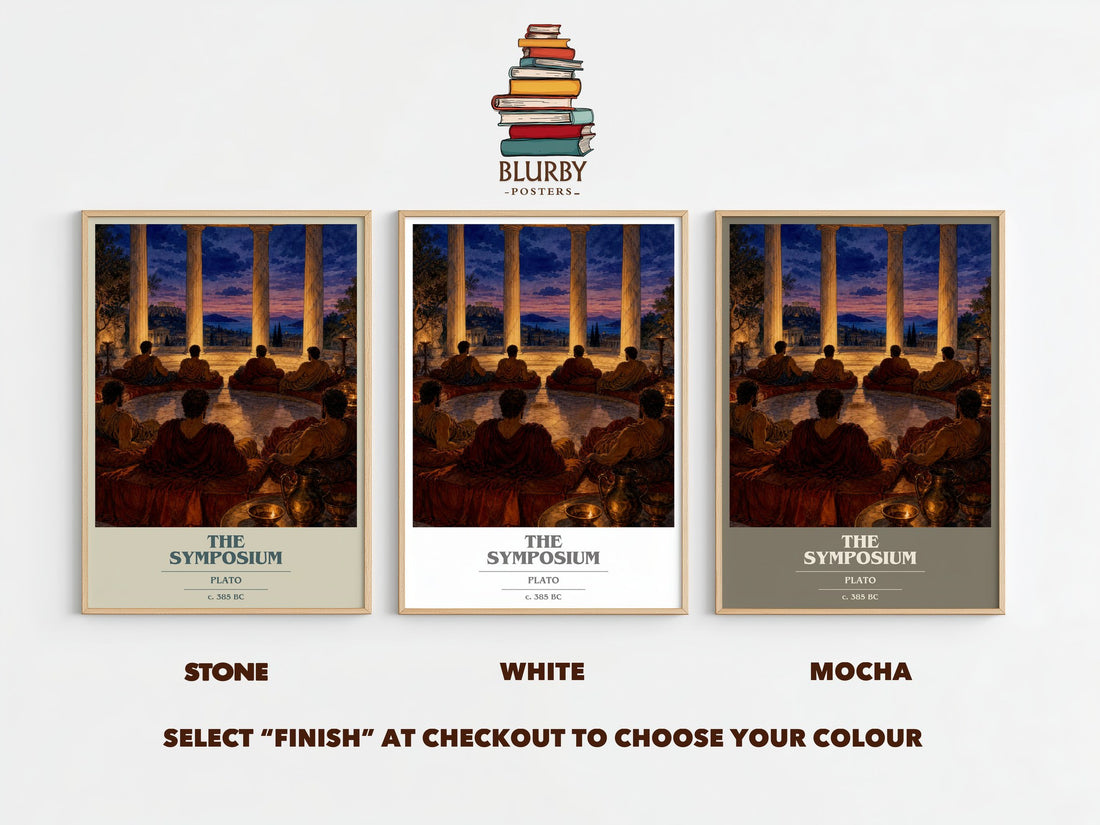 The Symposium book cover print framed by window – Stone, White and Mocha side by side – choose your colour
