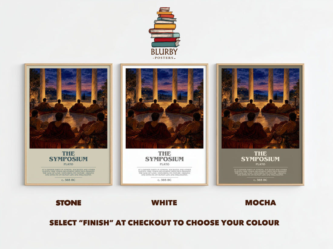 The Symposium bookish print framed by window – Stone, White and Mocha side by side – choose your colour