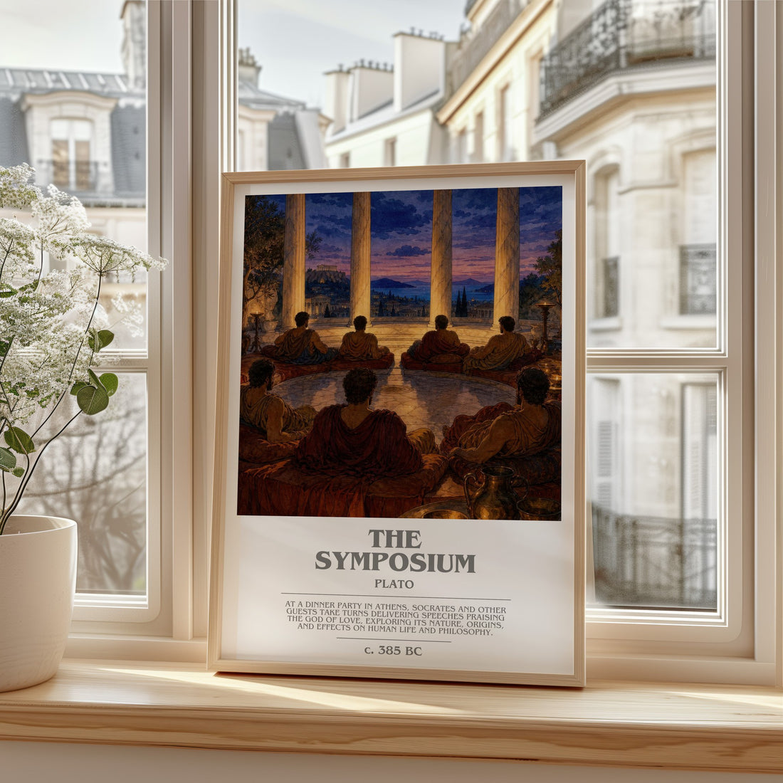 The Symposium bookish print in frame leaning in hallway – philosophy wall art