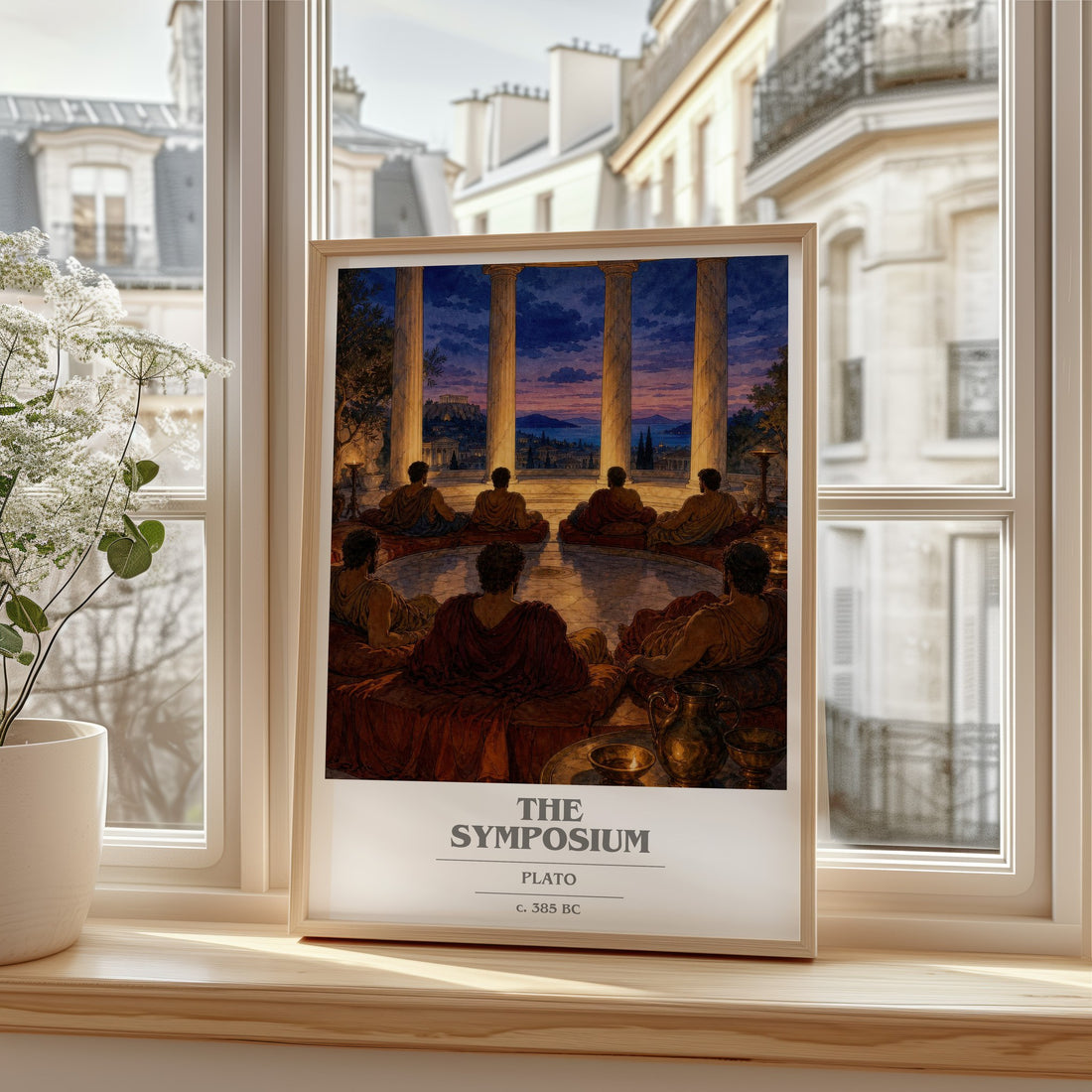 The Symposium book cover print in frame leaning in hallway – philosophy wall art