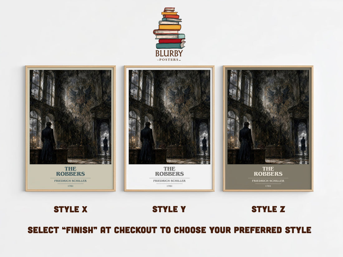 The Robbers book cover print in frame leaning in hallway – classic literature wall art (mockup)