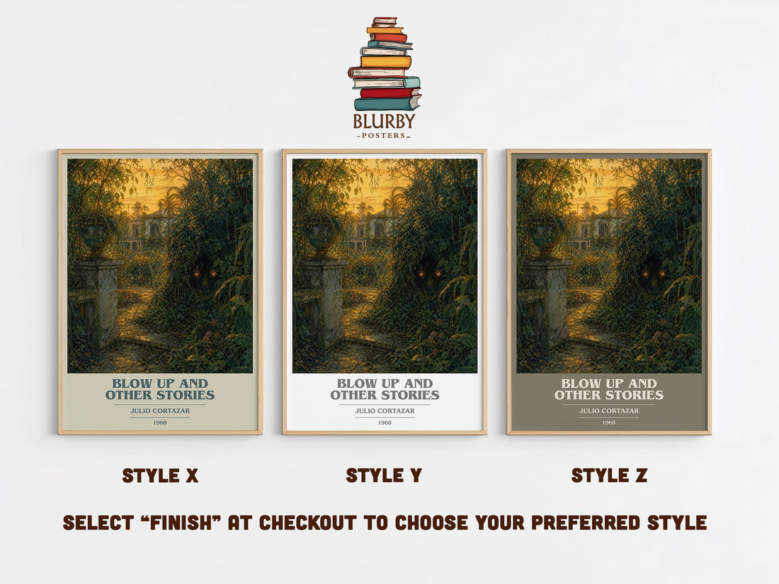 Blow Up And Other Stories book cover print in frame leaning in hallway – literary fiction wall art