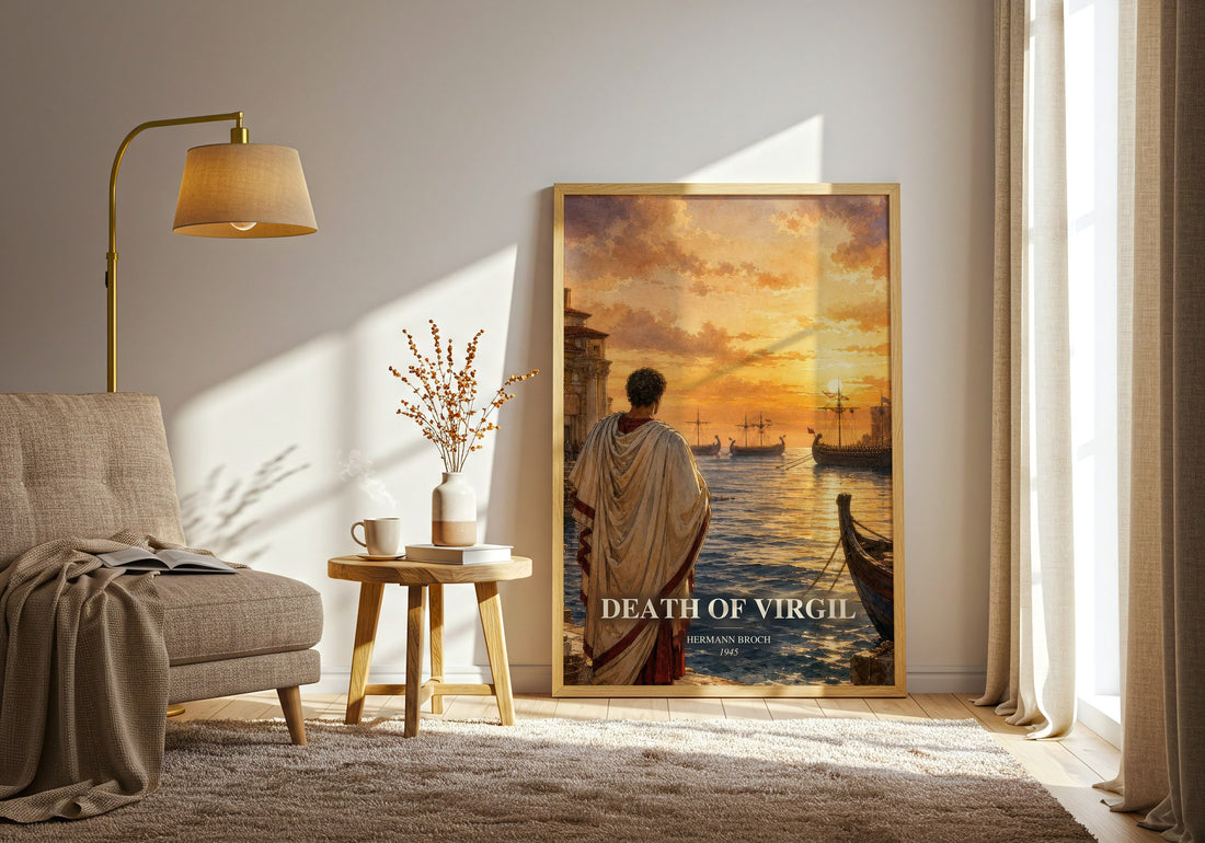Death of Virgil watercolour print in frame leaning in hallway – literary fiction wall art