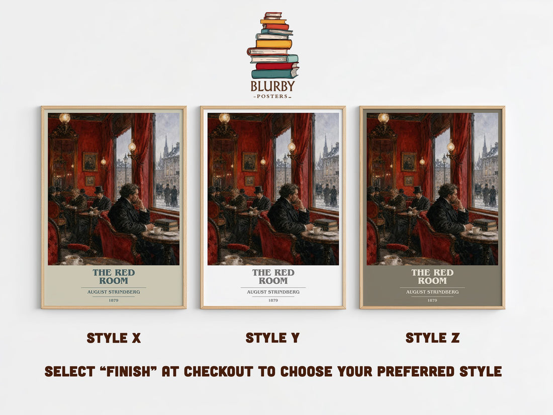 The Red Room book cover print in frame leaning in hallway – satire wall art (mockup)
