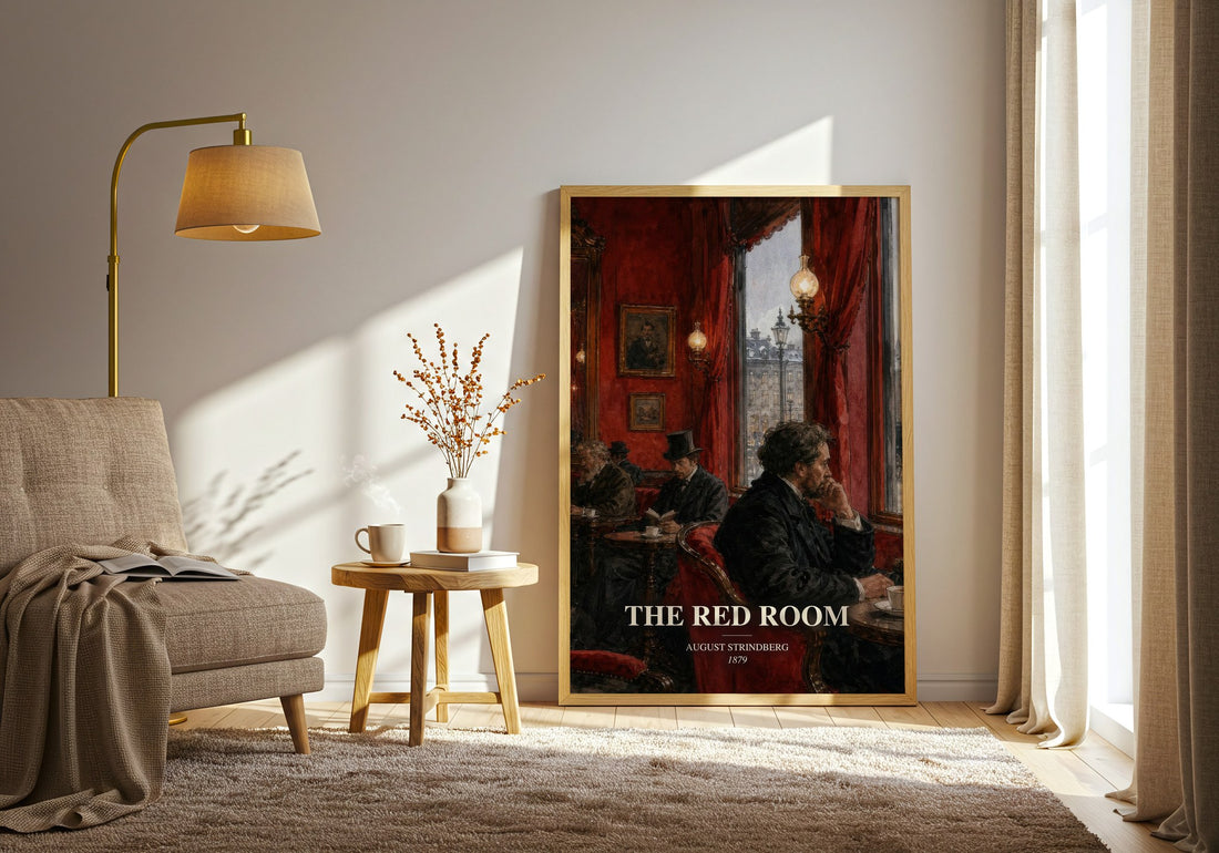 The Red Room watercolour print in frame leaning in hallway – satire wall art