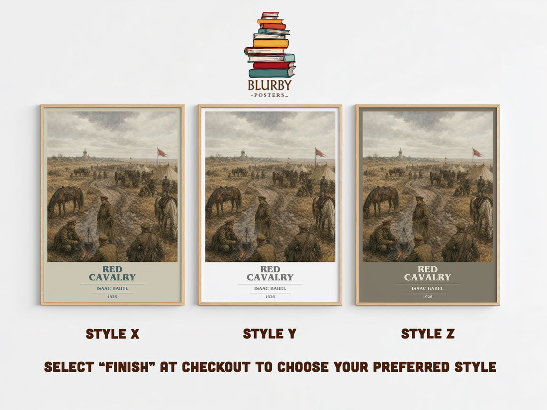 Red Cavalry book cover print in frame leaning in hallway – historical fiction wall art (mockup)