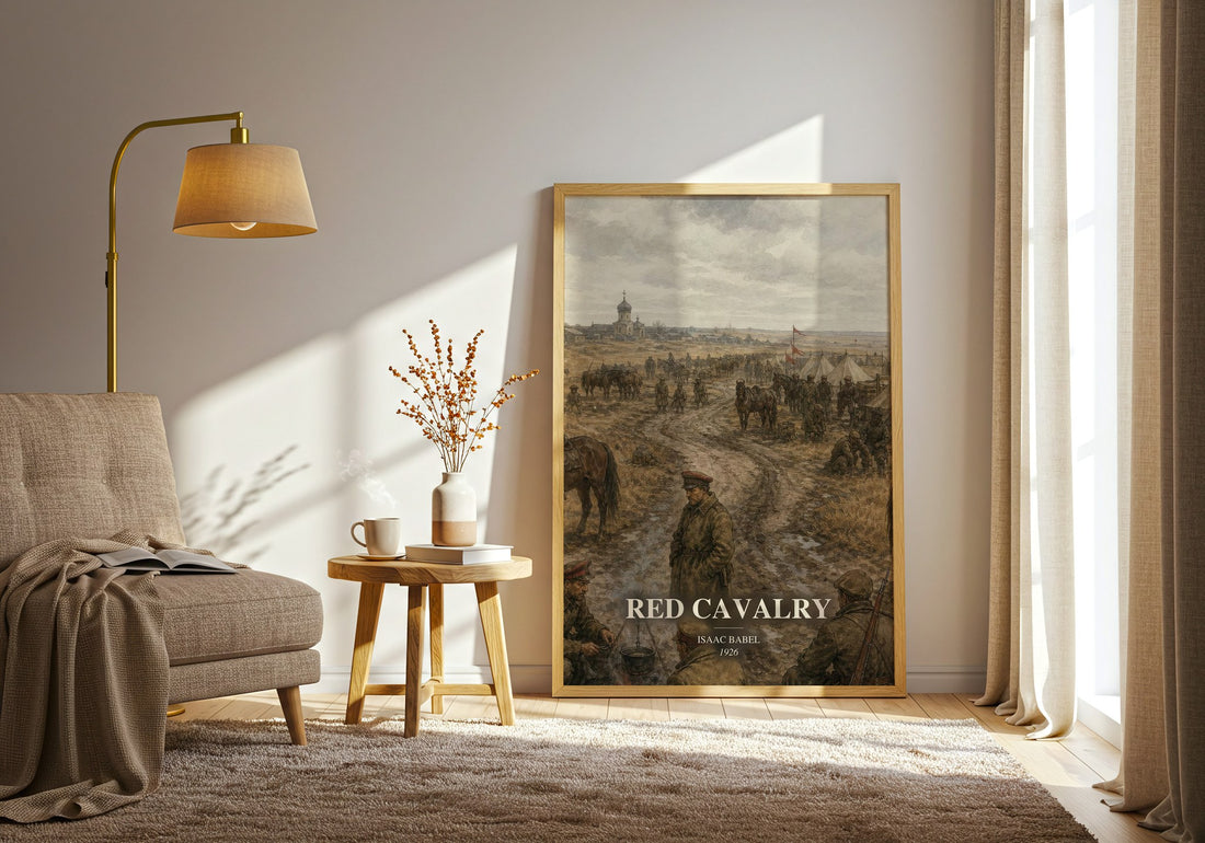 Red Cavalry watercolour print in frame leaning in hallway – historical fiction wall art