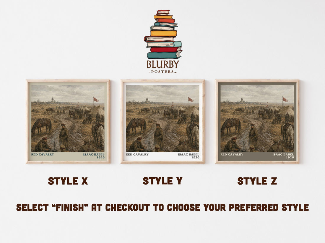 Red Cavalry literary print in frame leaning in hallway – historical fiction wall art (mockup)