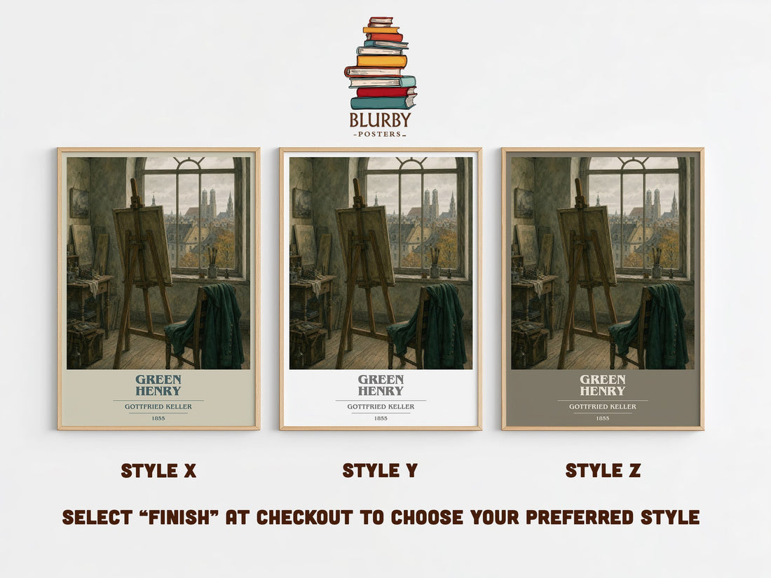 Green Henry book cover print in frame leaning in hallway – literary fiction wall art (mockup)