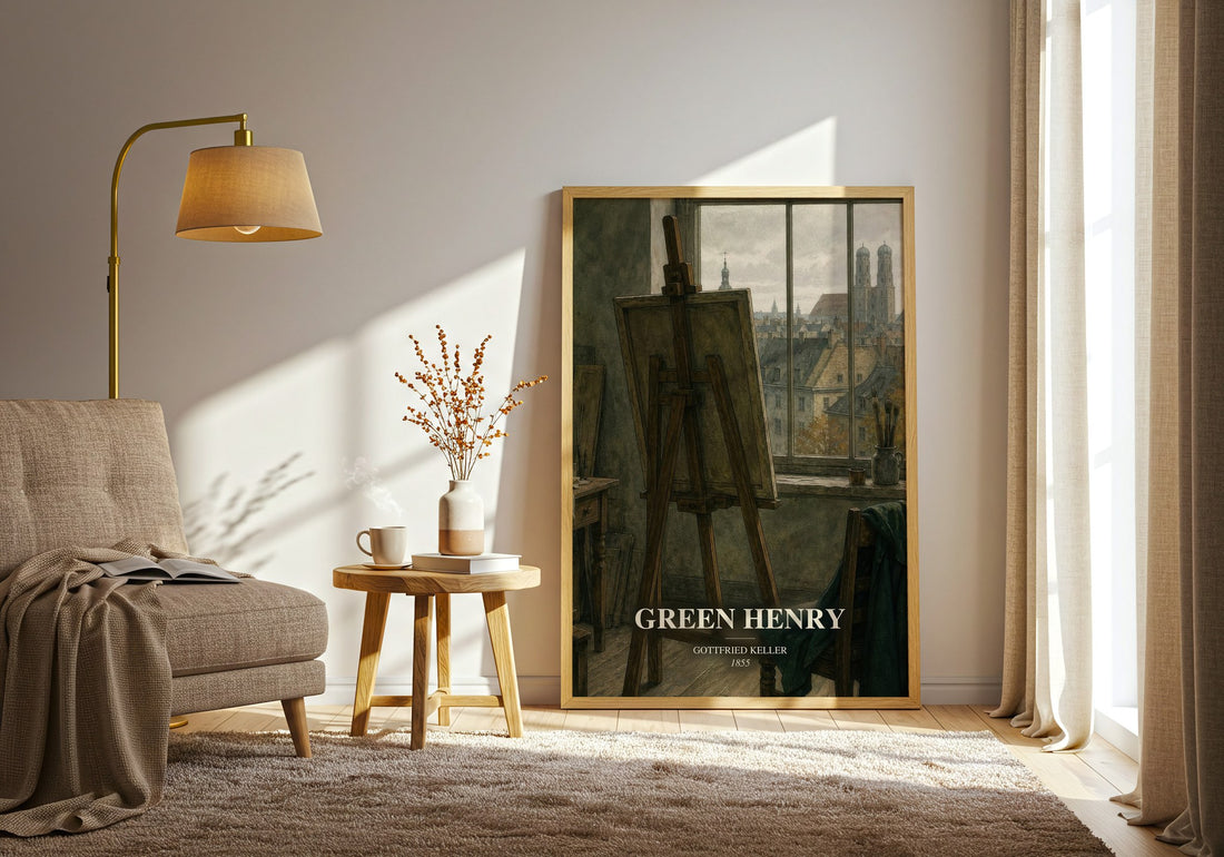 Green Henry watercolour print in frame leaning in hallway – literary fiction wall art