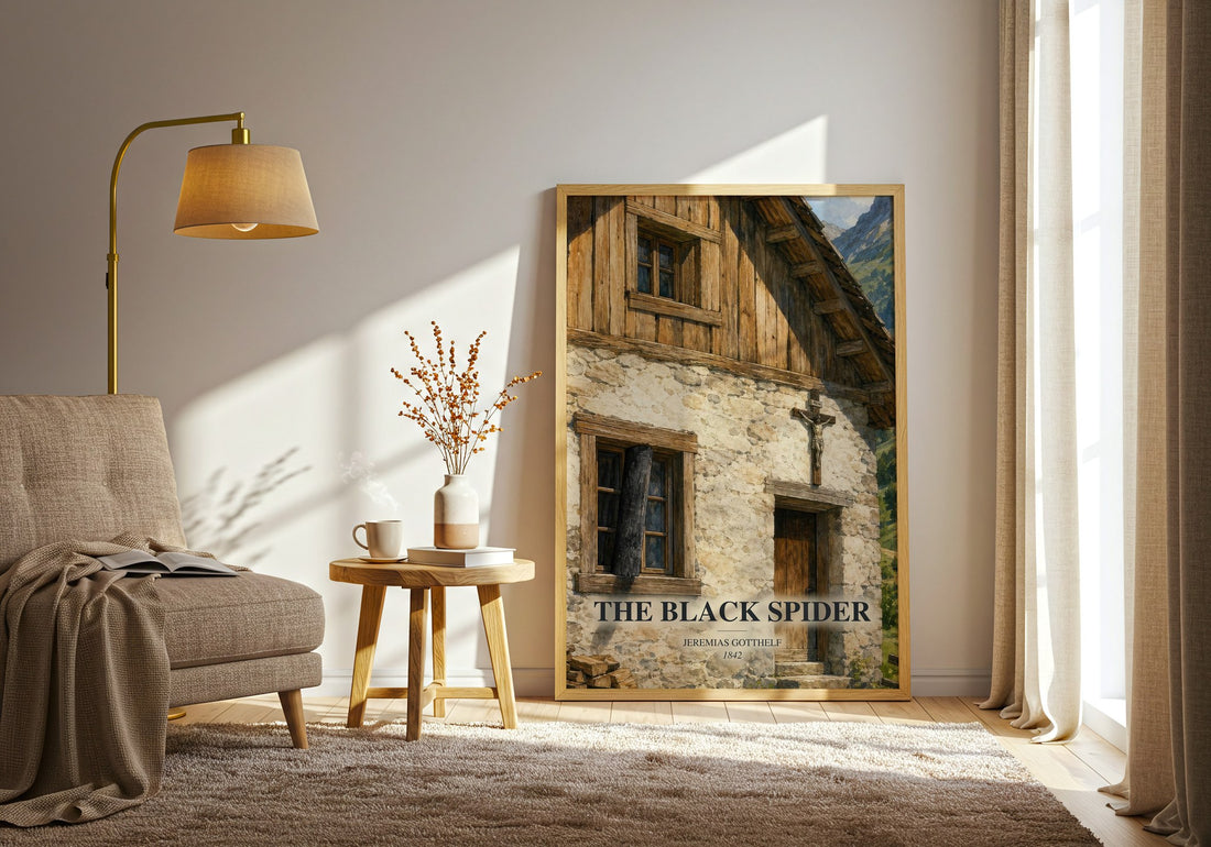 The Black Spider watercolour print in frame leaning in hallway – gothic wall art