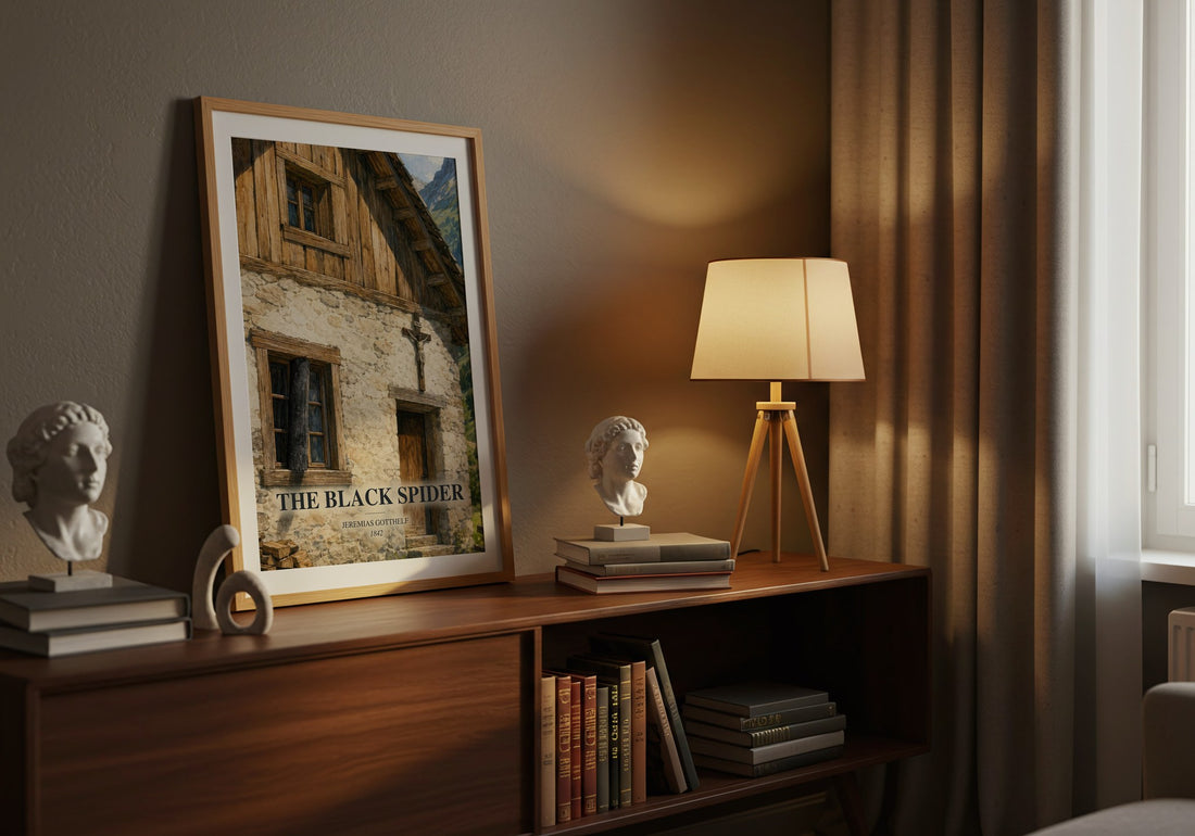 The Black Spider watercolour print on bookshelf – Jeremias Gotthelf fan gift