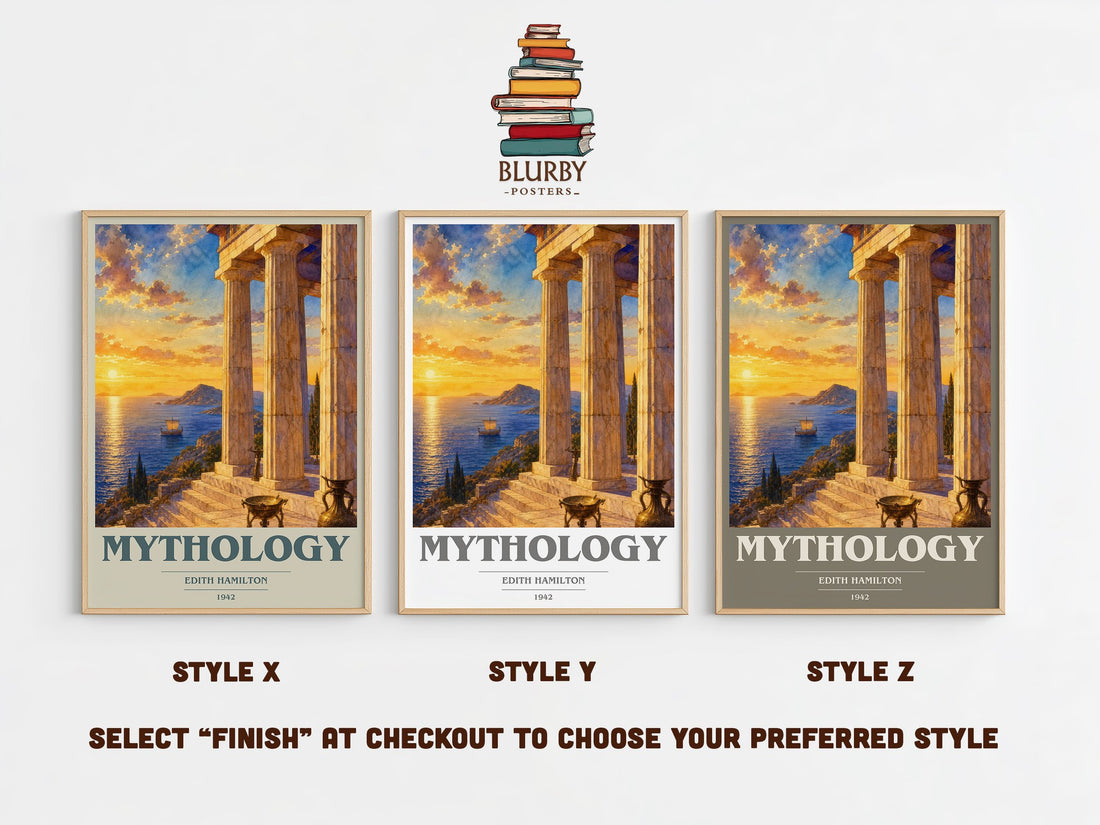 Mythology book cover print in frame leaning in hallway – non fiction wall art (mockup)