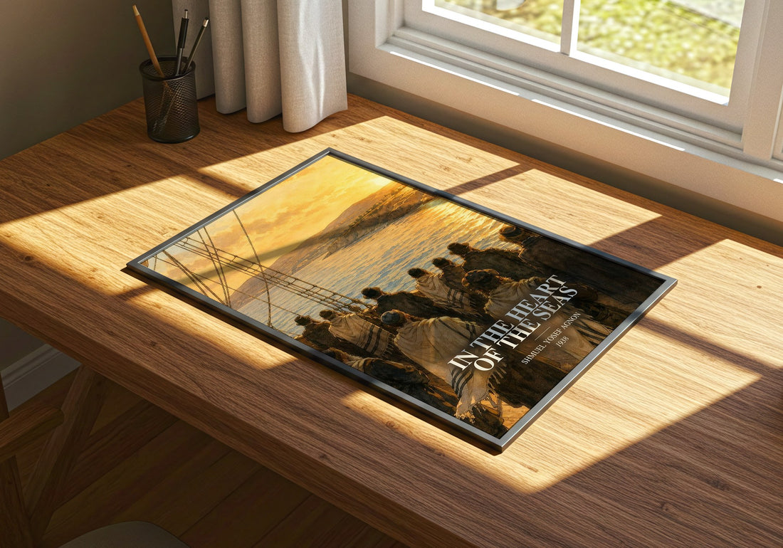 In The Heart Of The Seas watercolour book poster framed on wall – literary fiction wall art
