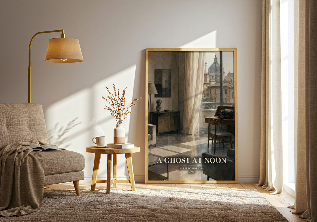 A Ghost at Noon watercolour print in frame leaning in hallway – literary fiction wall art