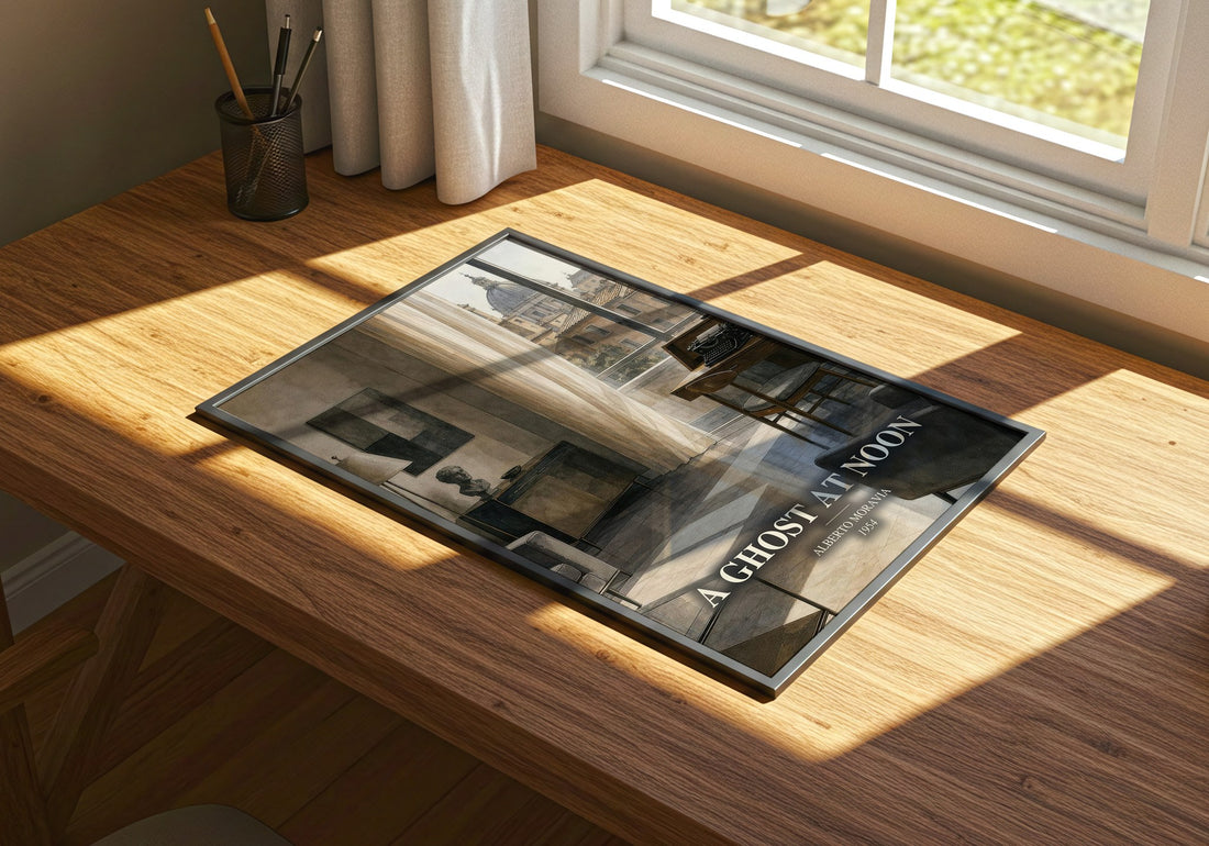 A Ghost at Noon watercolour book poster framed on wall – literary fiction wall art