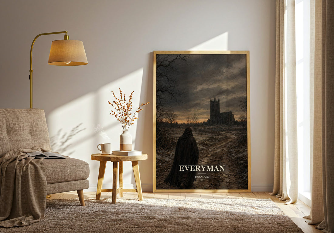 Everyman watercolour print in frame leaning in hallway – classic literature wall art