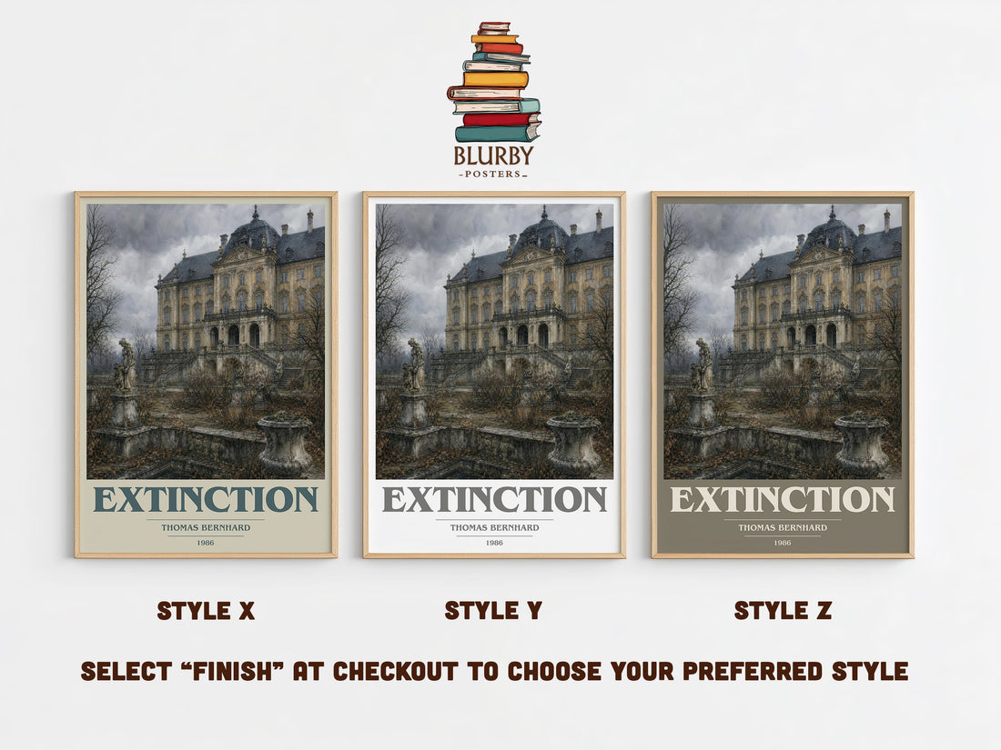 Extinction book cover print in frame leaning in hallway – literary fiction wall art (mockup)