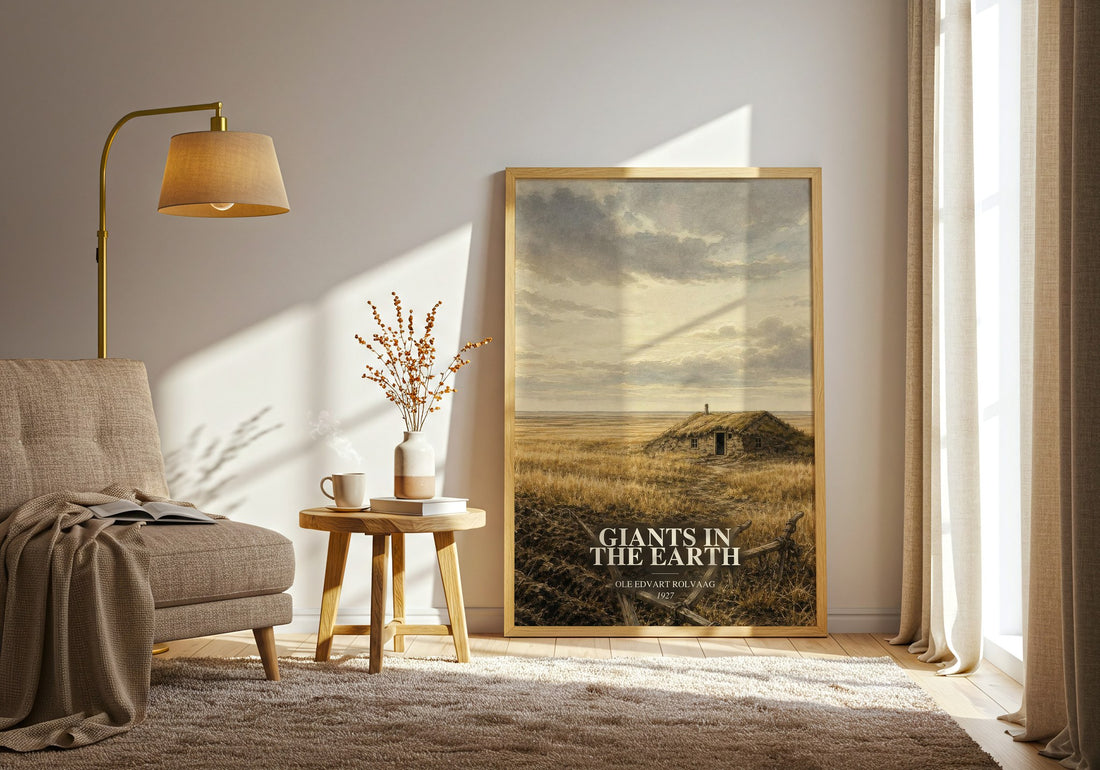 Giants in the Earth watercolour print in frame leaning in hallway – historical fiction wall art