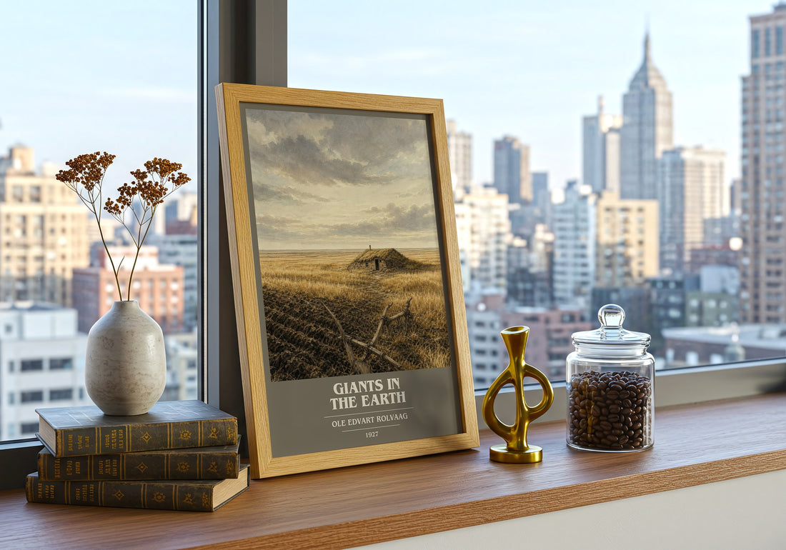 Giants in the Earth book cover print framed by window – literary home decor