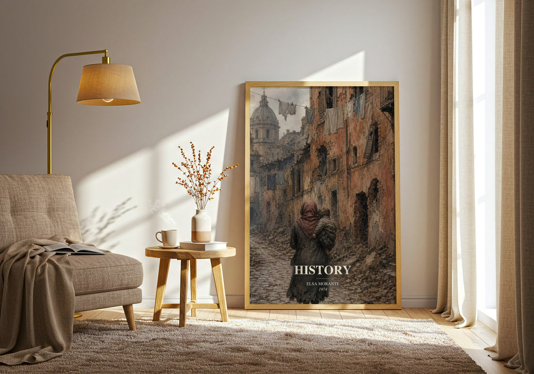 History watercolour print in frame leaning in hallway – historical fiction wall art