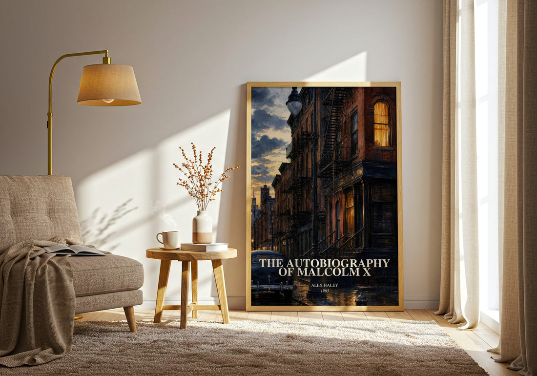 The Autobiography of Malcolm X watercolour print in frame leaning in hallway – memoir wall art