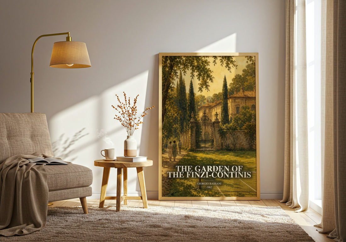 The Garden of the Finzi-Continis watercolour print in frame leaning in hallway – historical fiction wall art