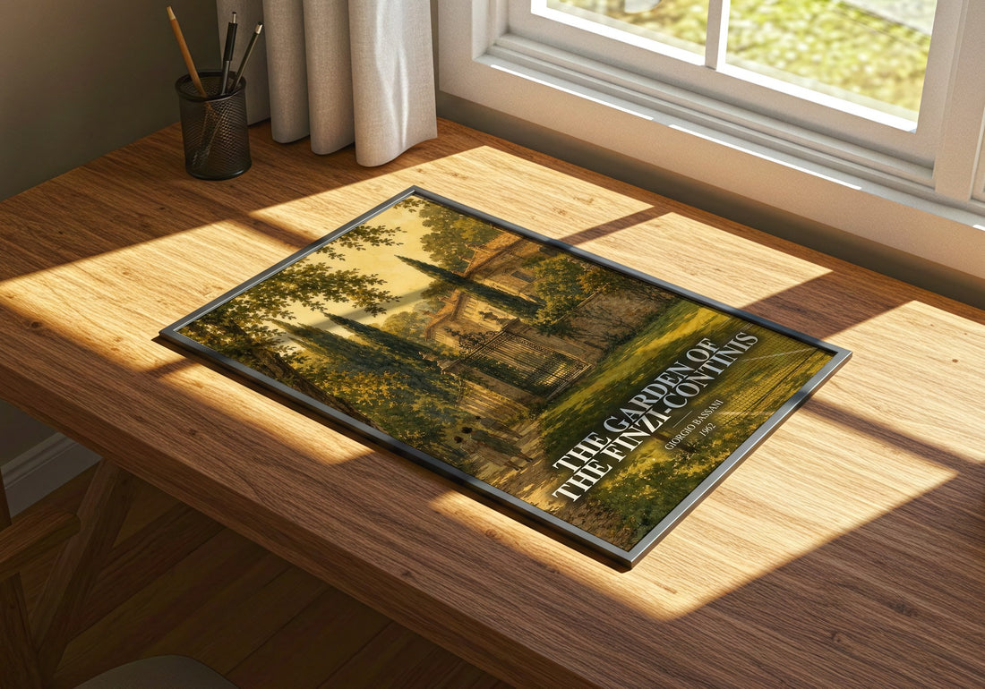 The Garden of the Finzi-Continis watercolour book poster framed on wall – historical fiction wall art