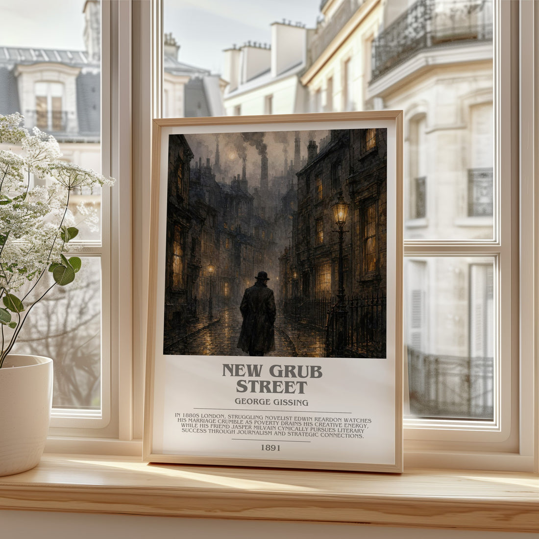 New Grub Street bookish print in frame leaning in hallway – literary fiction wall art
