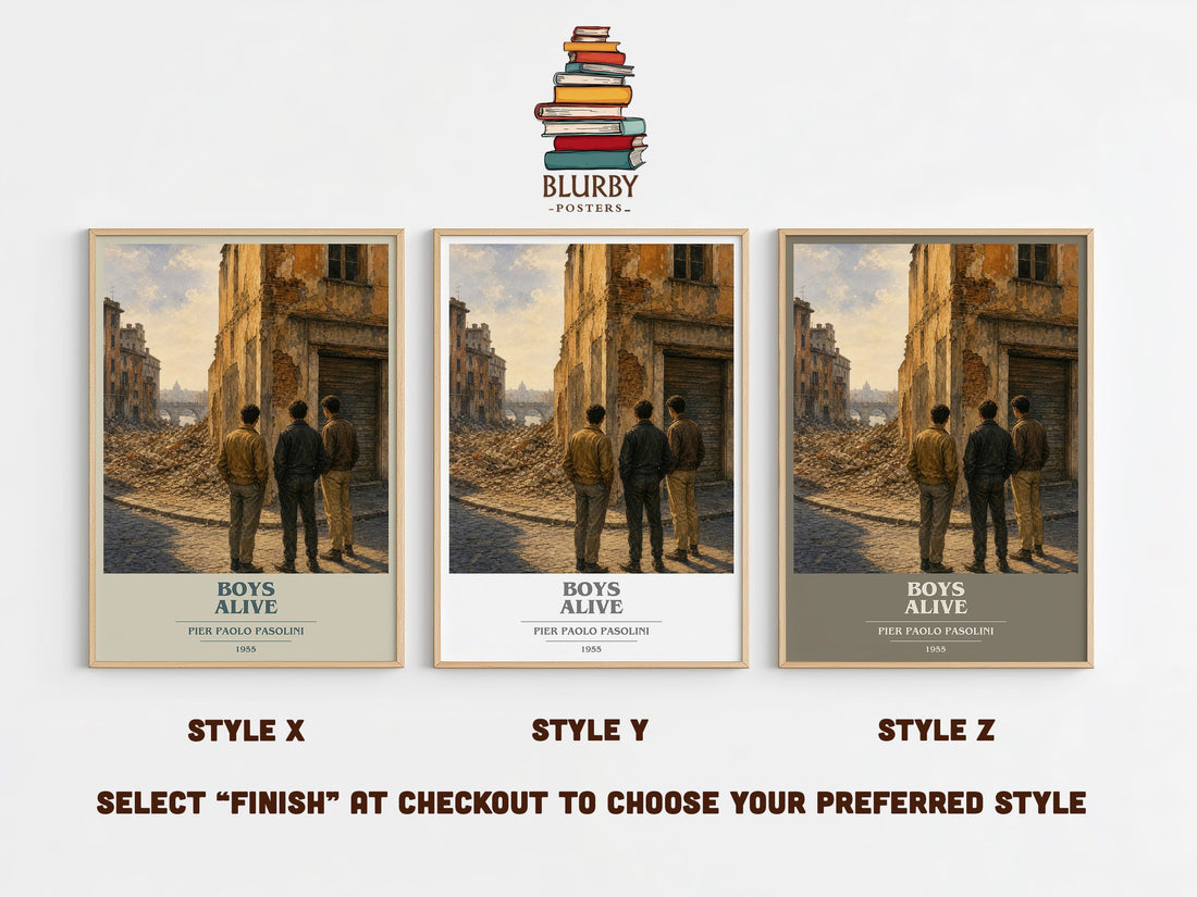 Boys Alive book cover print in frame leaning in hallway – literary fiction wall art (mockup)