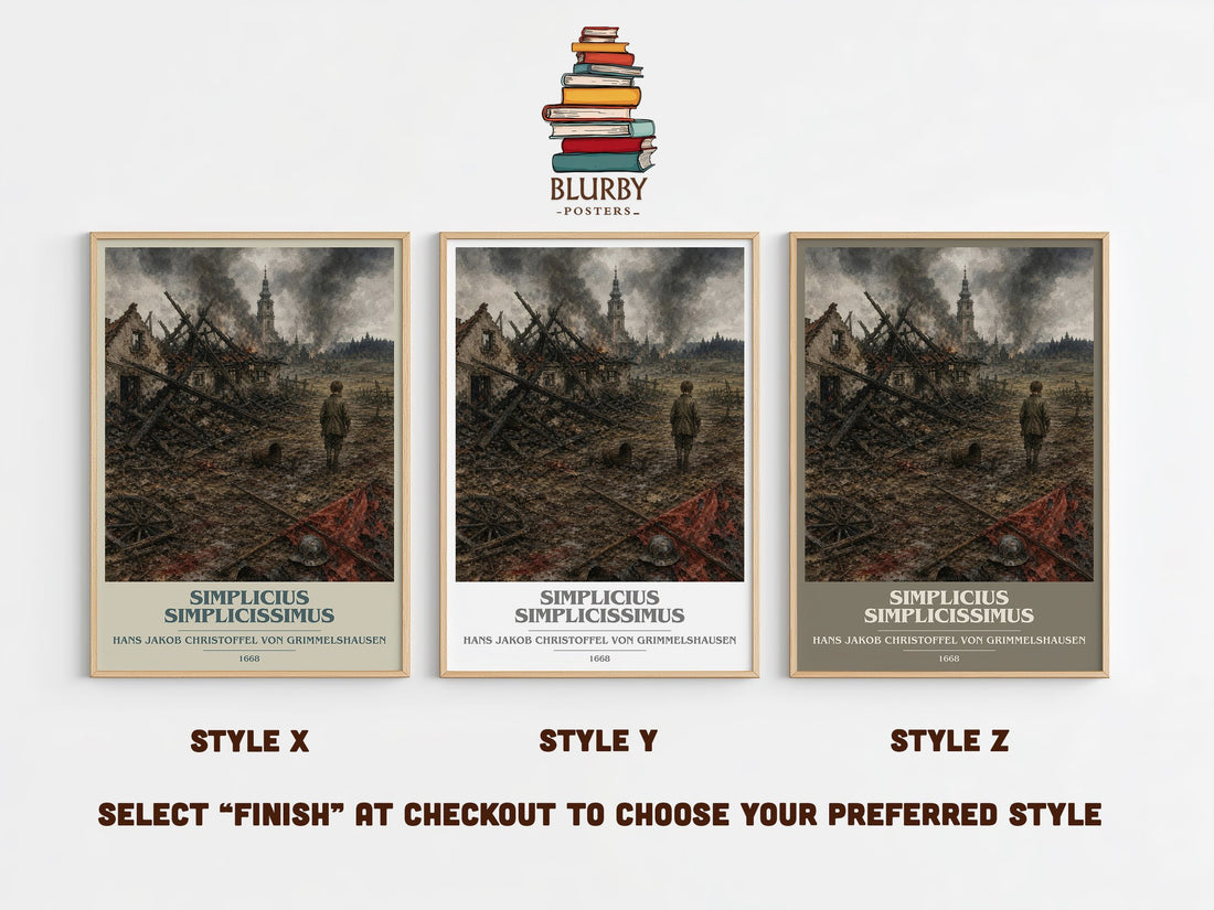 Simplicius Simplicissimus book cover print in frame leaning in hallway – classic literature wall art (mockup)