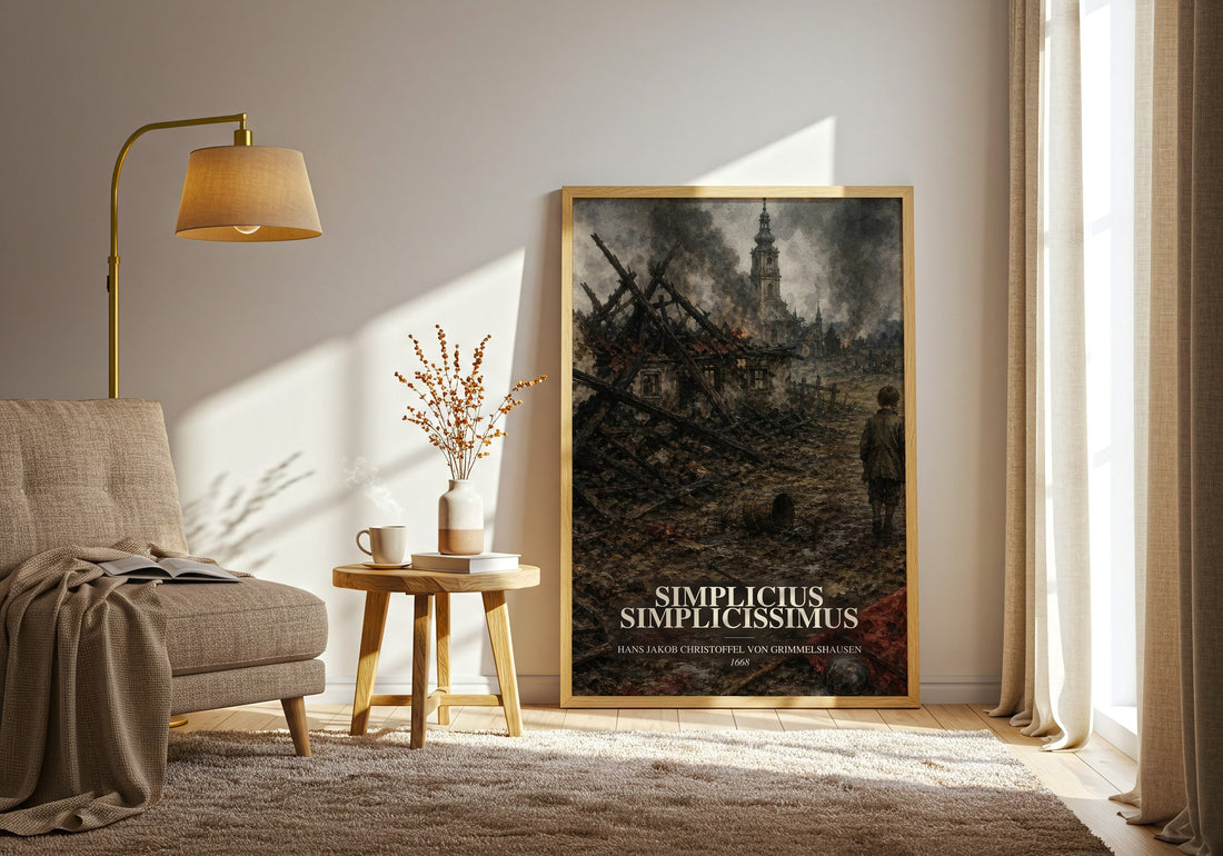 Simplicius Simplicissimus watercolour print in frame leaning in hallway – classic literature wall art