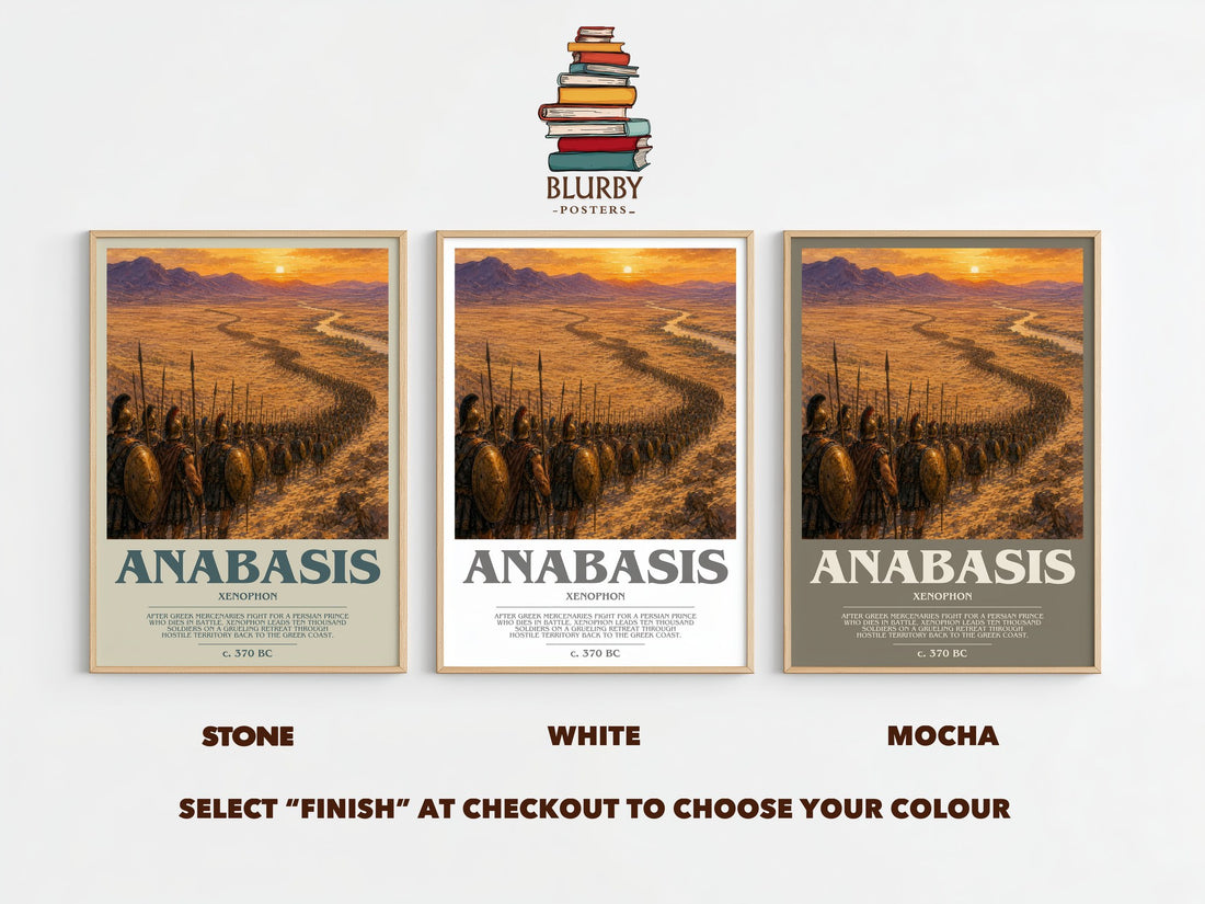 Anabasis bookish print framed by window – Stone, White and Mocha side by side – choose your colour