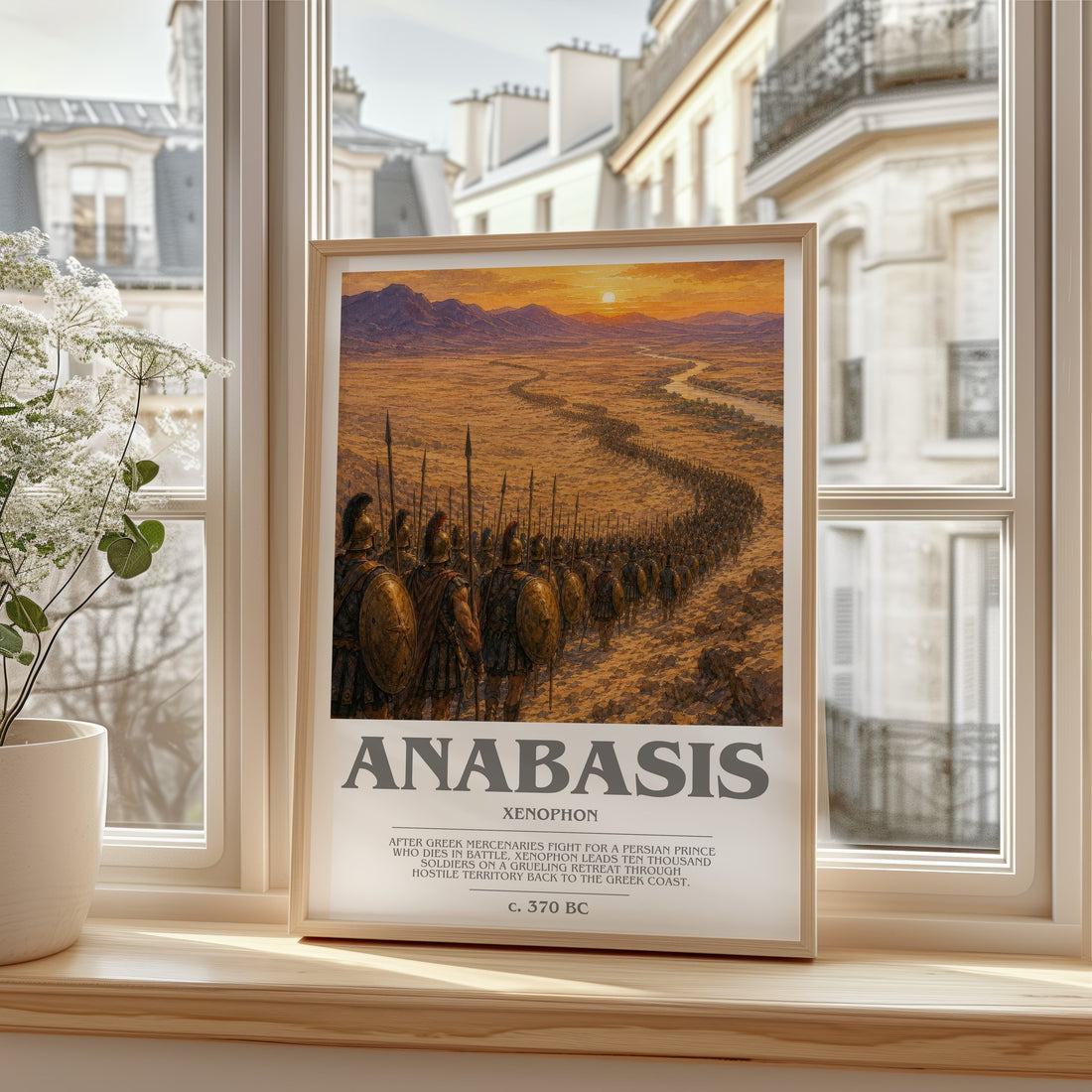Anabasis bookish print in frame leaning in hallway – non fiction wall art