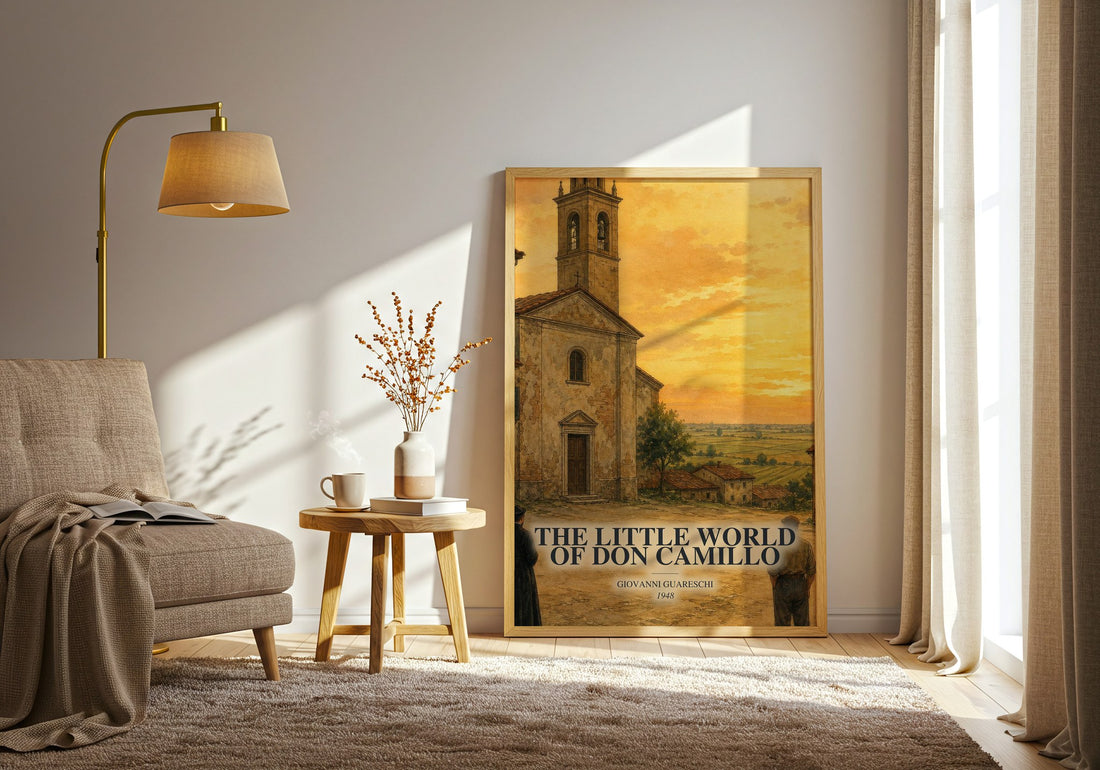 The Little World Of Don Camillo watercolour print in frame leaning in hallway – literary fiction wall art