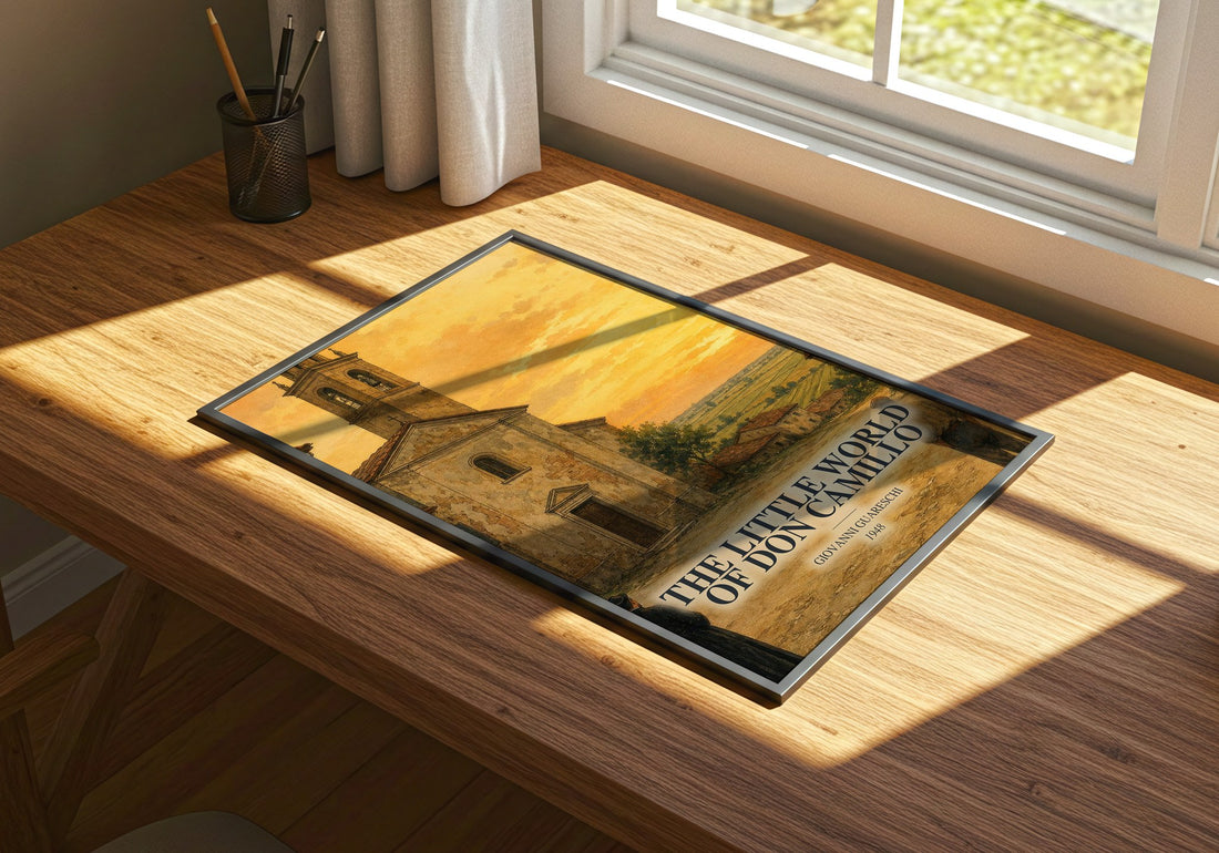 The Little World Of Don Camillo watercolour book poster framed on wall – literary fiction wall art