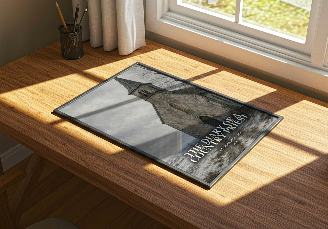 The Diary of a Country Priest watercolour book poster framed on wall – literary fiction wall art