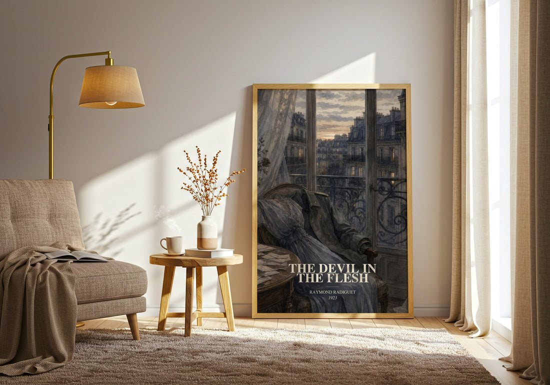 The Devil in the Flesh watercolour print in frame leaning in hallway – literary fiction wall art