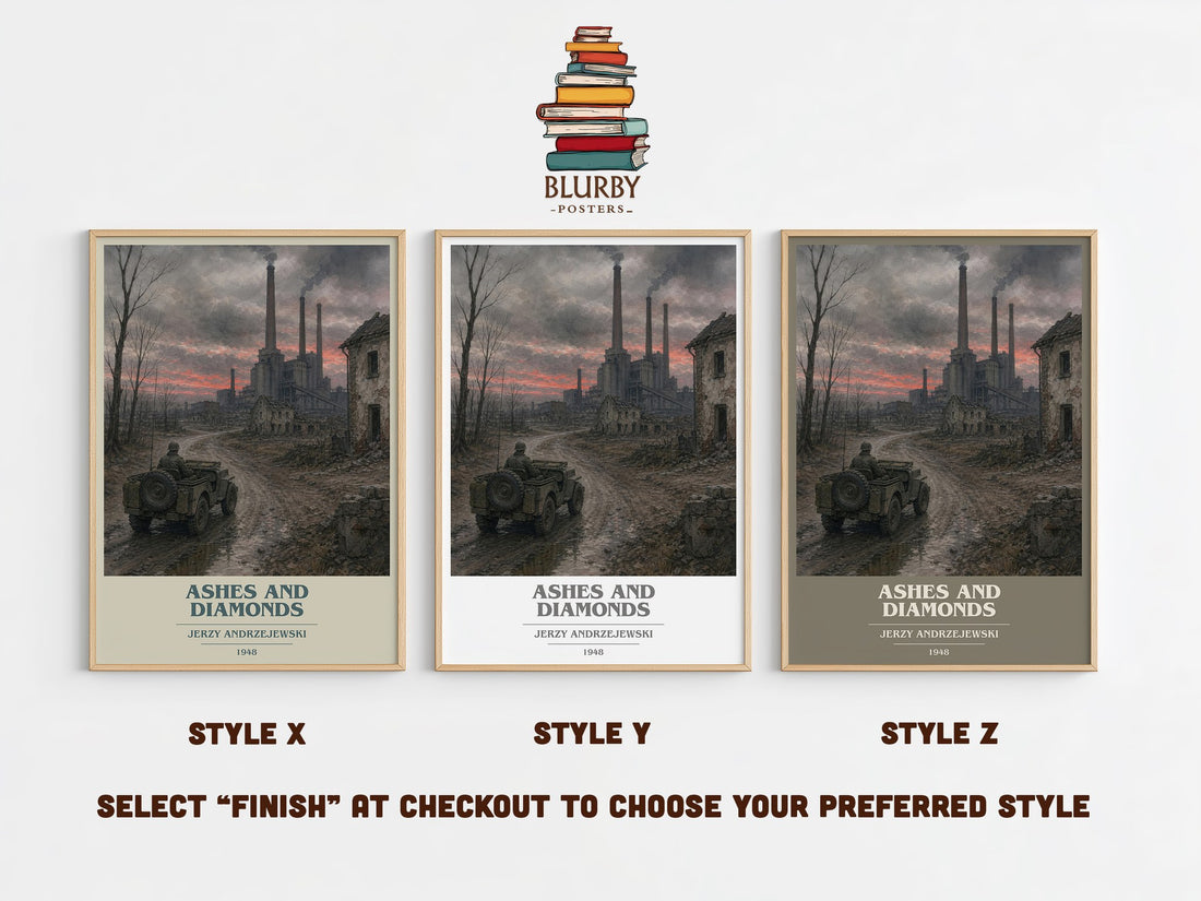 Ashes and Diamonds book cover print in frame leaning in hallway – literary fiction wall art (mockup)
