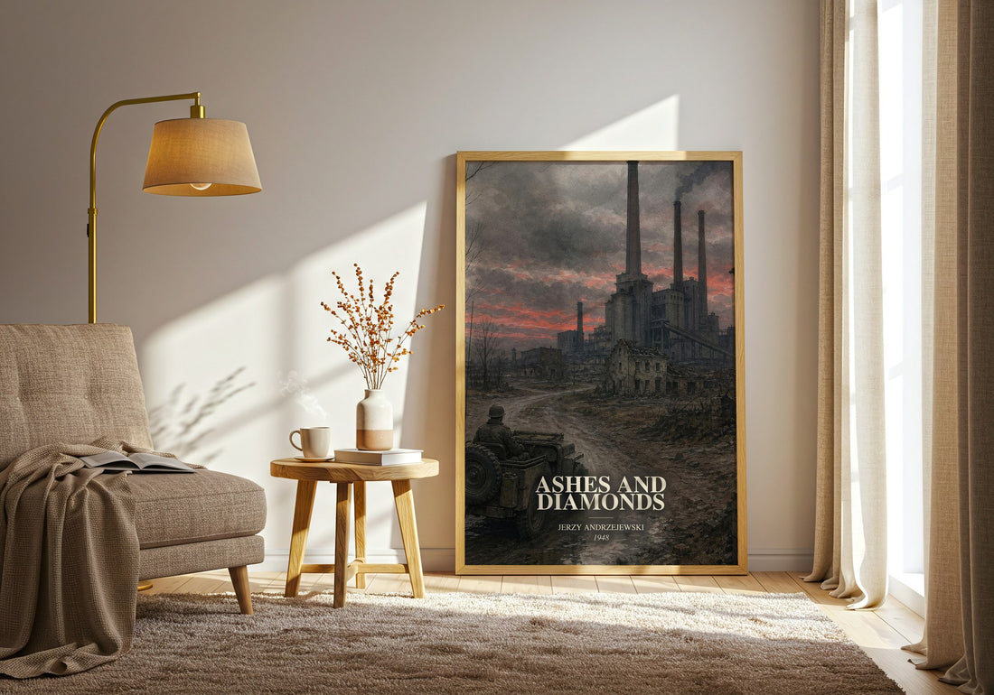 Ashes and Diamonds watercolour print in frame leaning in hallway – literary fiction wall art