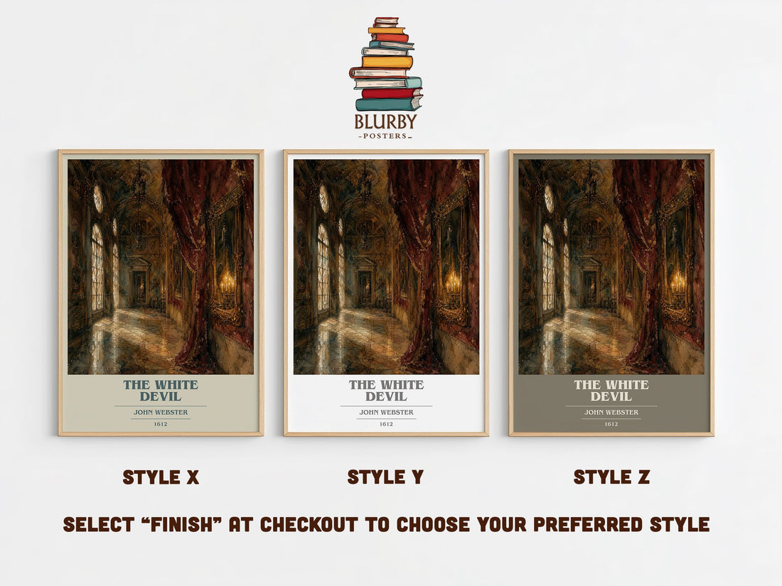 The White Devil book cover print in frame leaning in hallway – classic literature wall art (mockup)