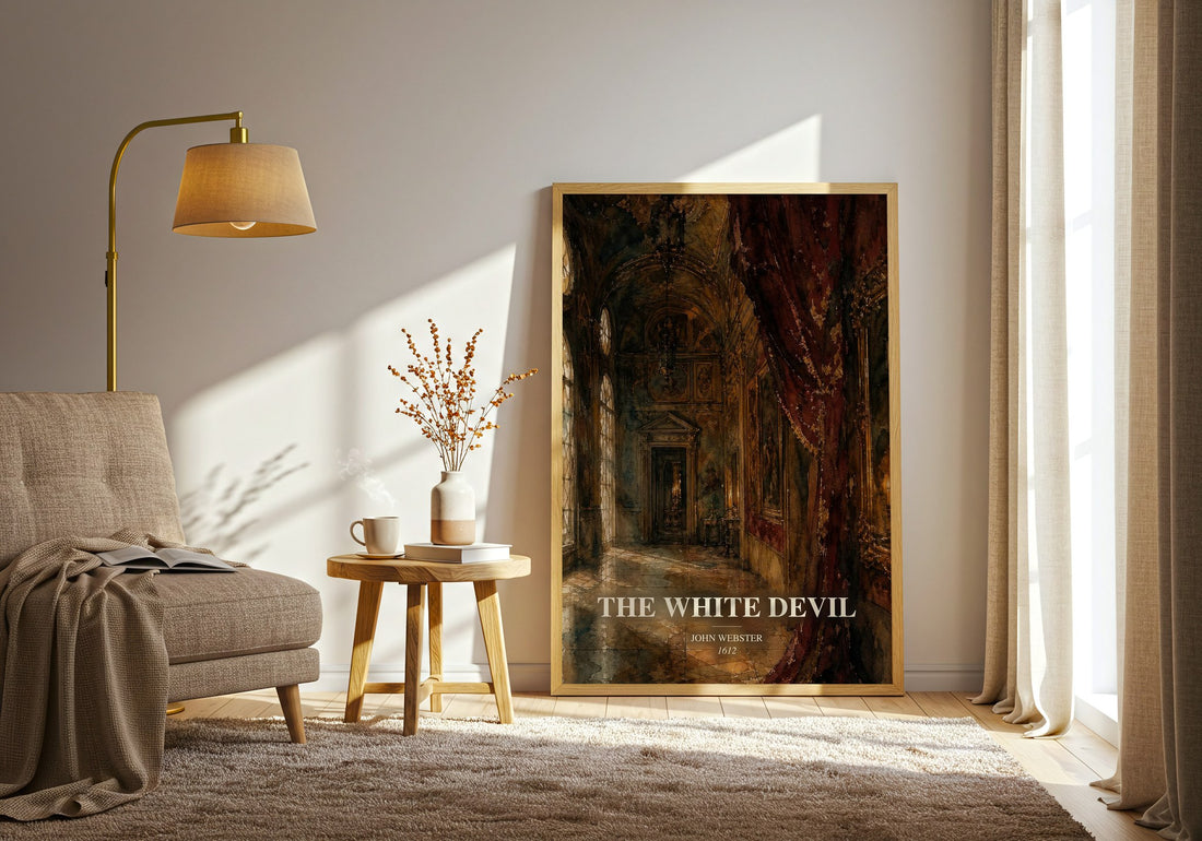 The White Devil watercolour print in frame leaning in hallway – classic literature wall art