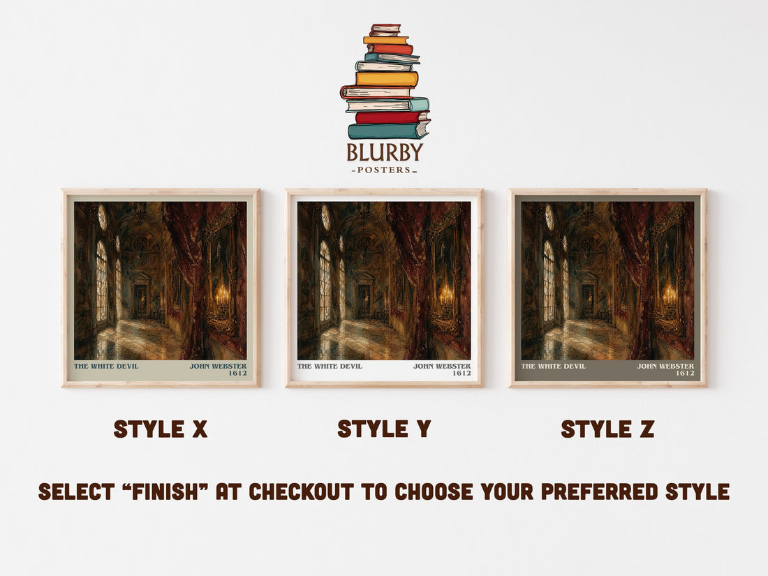 The White Devil literary print in frame leaning in hallway – classic literature wall art (mockup)
