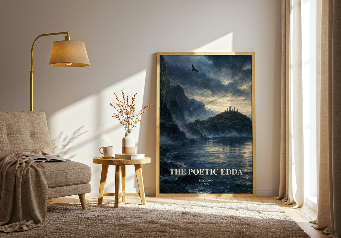 The Poetic Edda watercolour print in frame leaning in hallway – poetry wall art