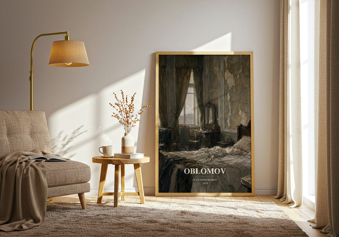 Oblomov watercolour print in frame leaning in hallway – classic literature wall art