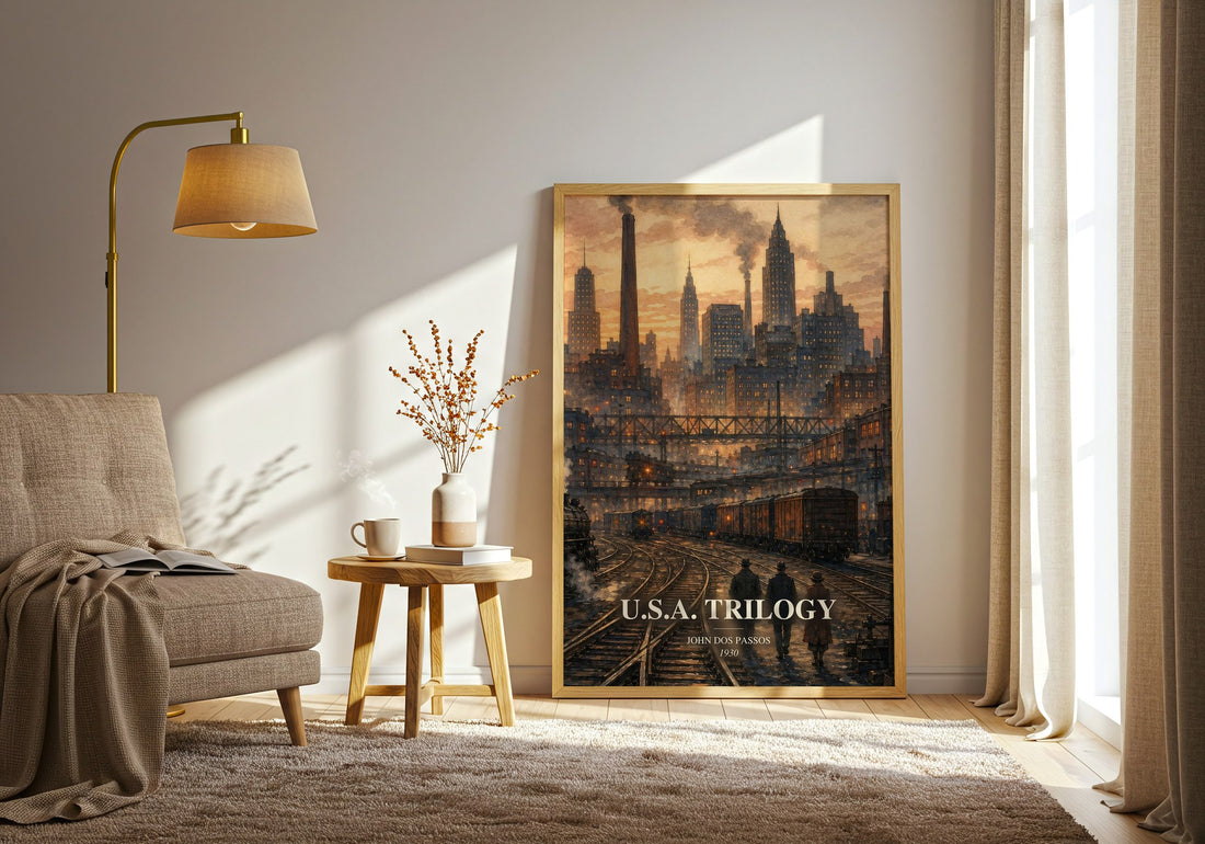 U.S.A. Trilogy watercolour print in frame leaning in hallway – literary fiction wall art