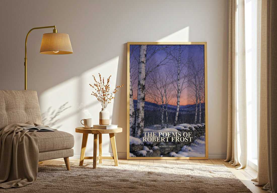 The Poems of Robert Frost watercolour print in frame leaning in hallway – poetry wall art